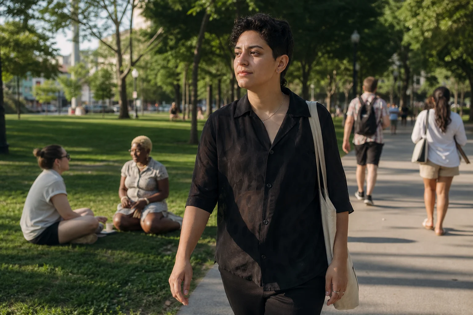 A confident adult walking through a sunny city park
