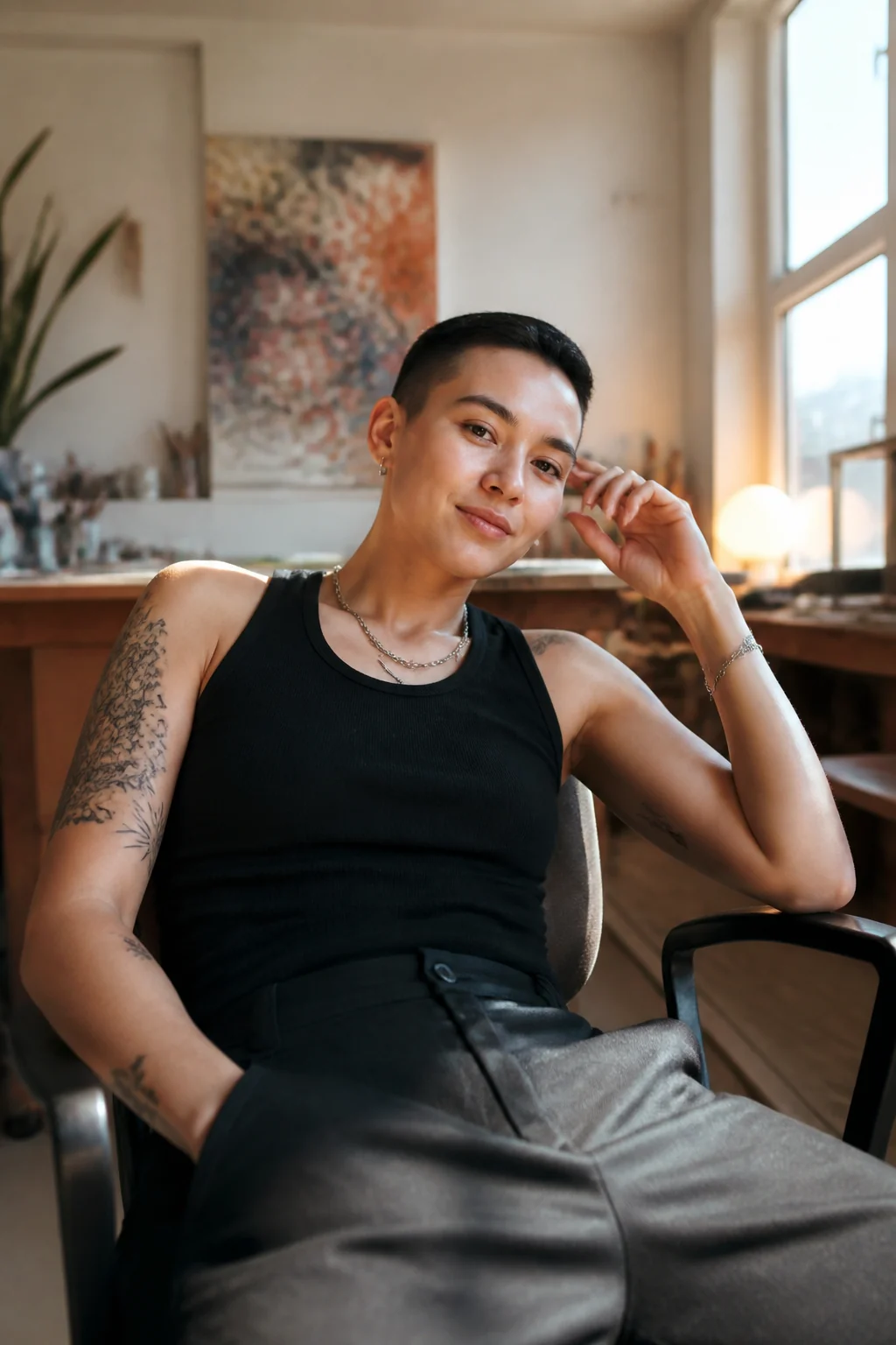 A queer adult relaxing in a creative studio