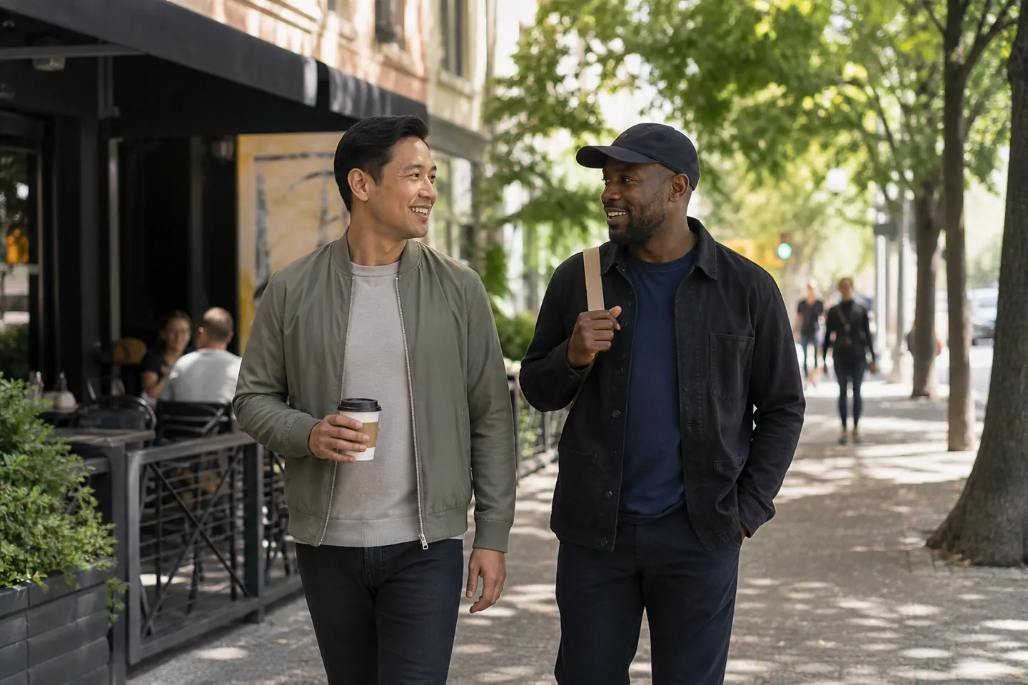 Two friends talking during a walk through a city neighborhood