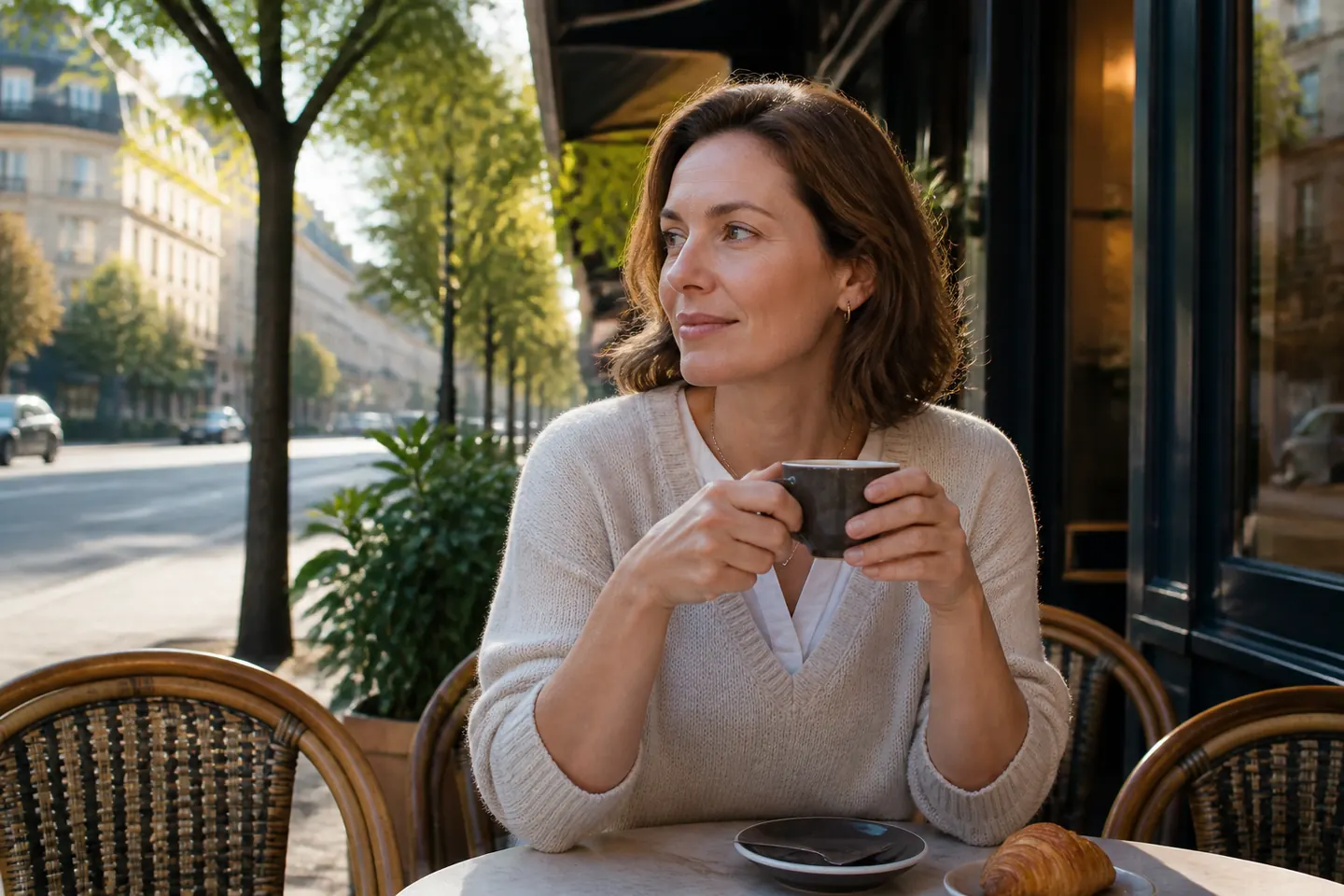 A woman enjoying coffee at a city cafe