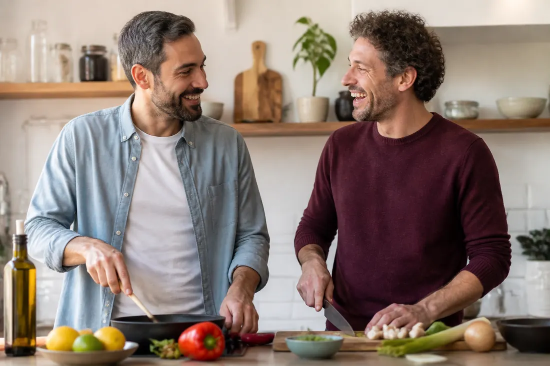 Two men cooking and laughing together in a home kitchen