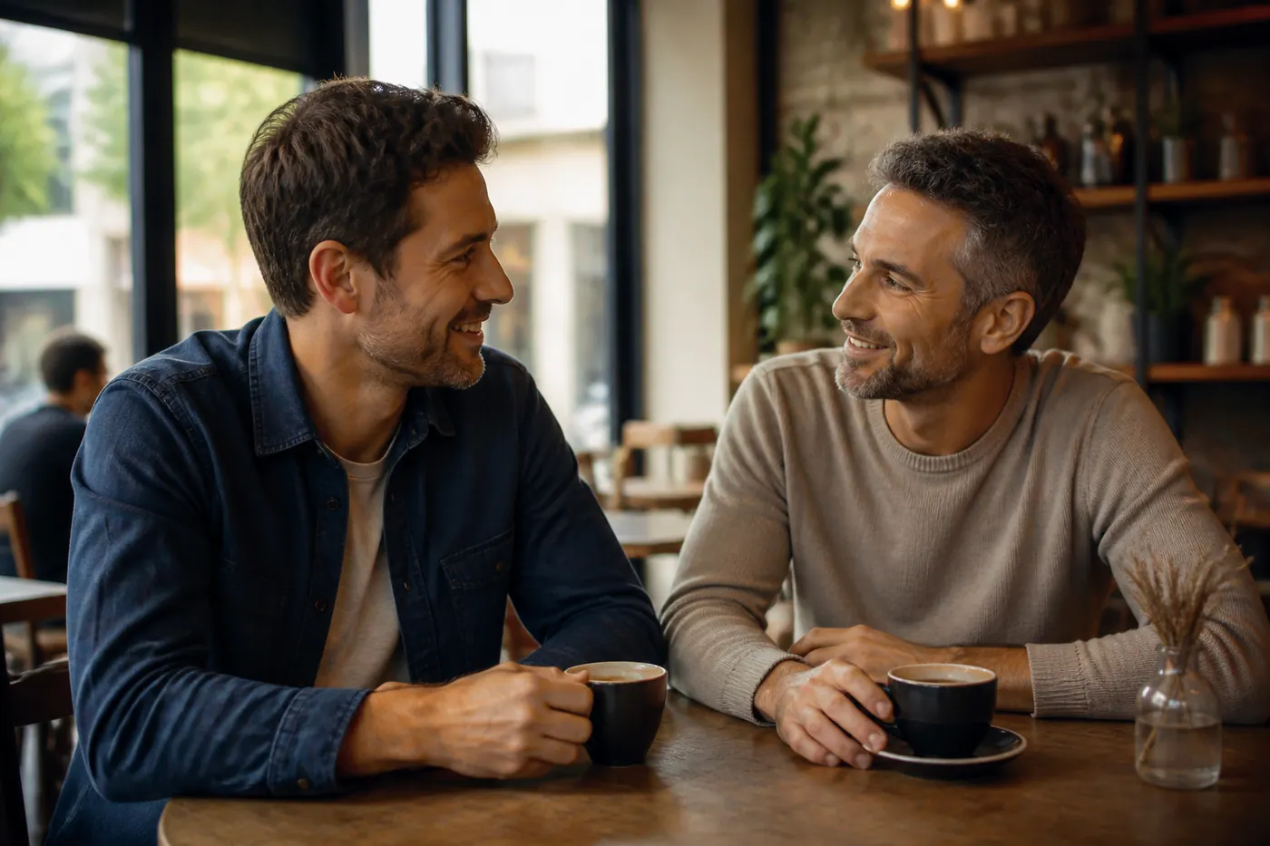 Two men talking over coffee during an early date