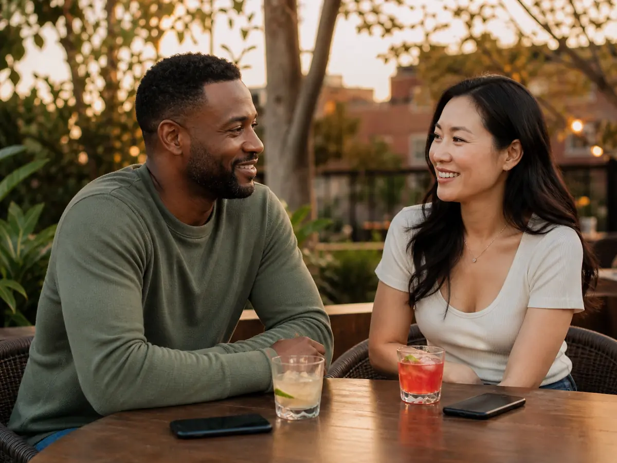 Two adults enjoying a relaxed conversation at a city cafe
