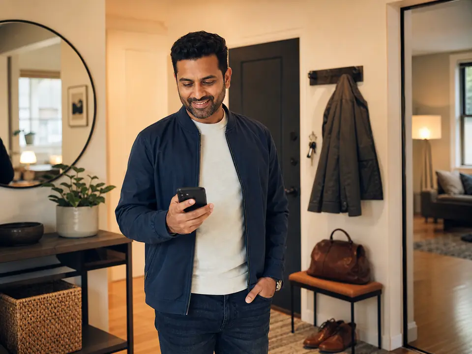 An adult using a phone in an everyday home setting