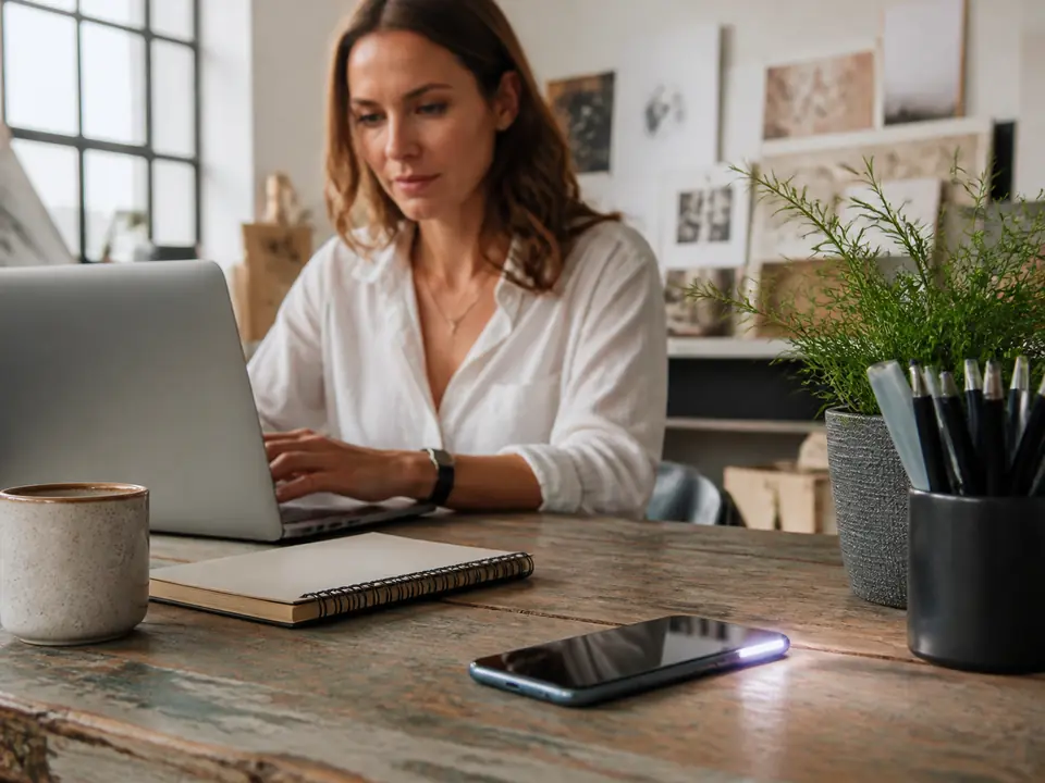 A phone resting on a desk in a shared everyday workspace