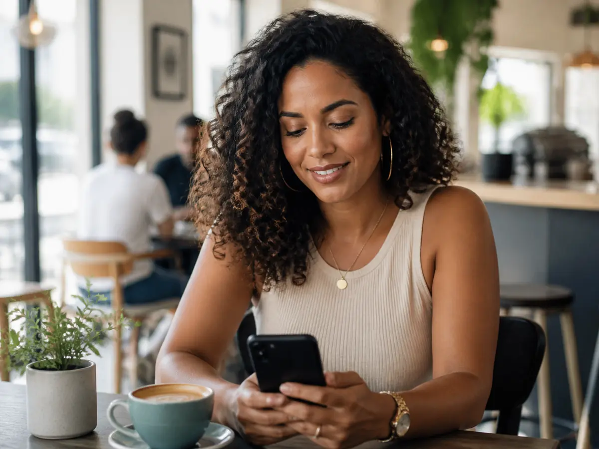An adult thoughtfully using a phone at a cafe