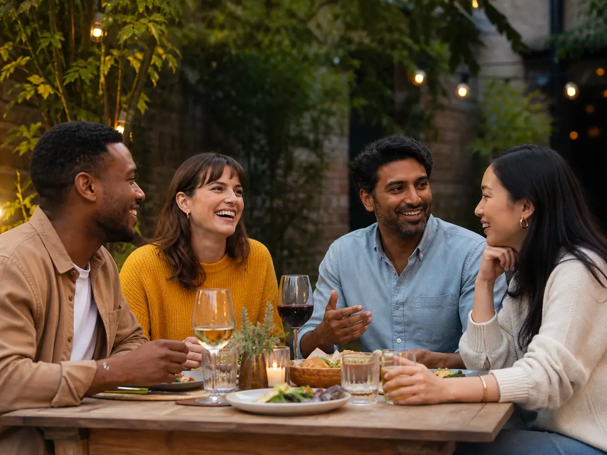 A diverse group of adults sharing conversation at an outdoor dinner