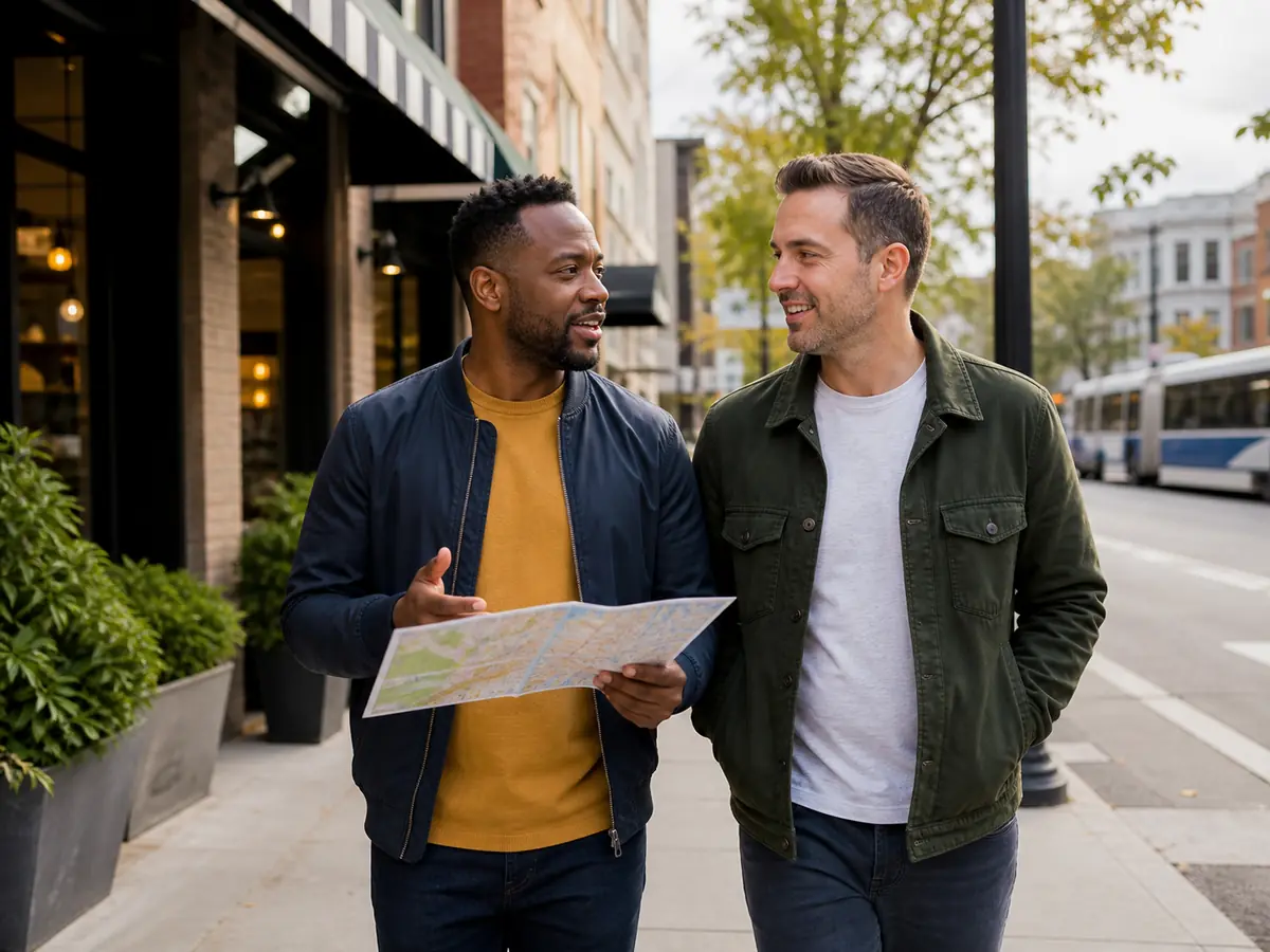 Two adults discussing where to meet in a city neighborhood