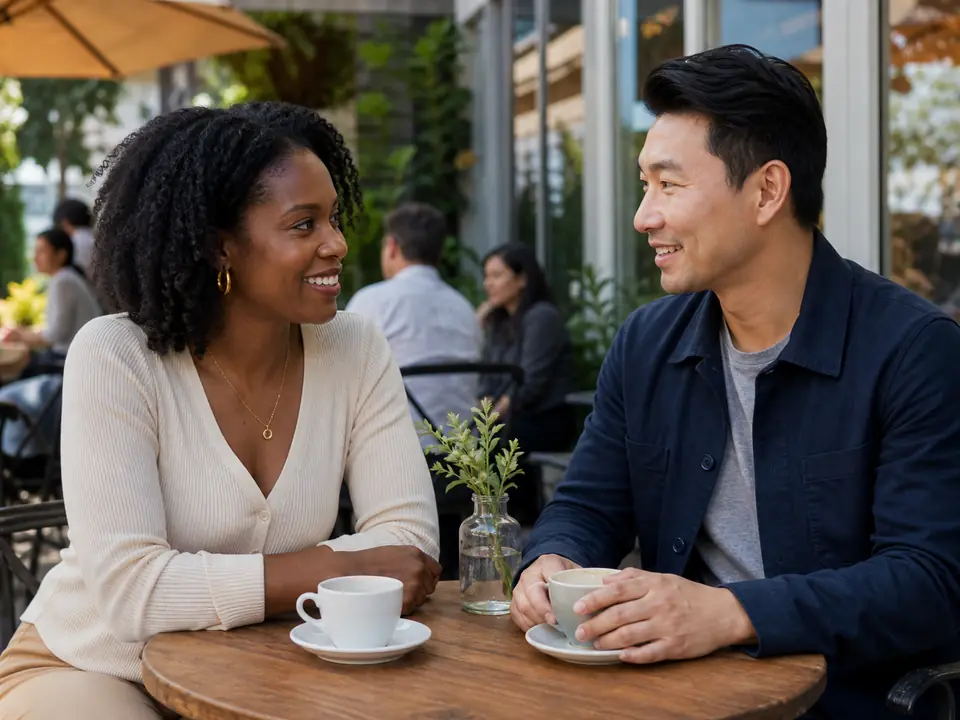 Two adults meeting for a relaxed conversation in a public cafe